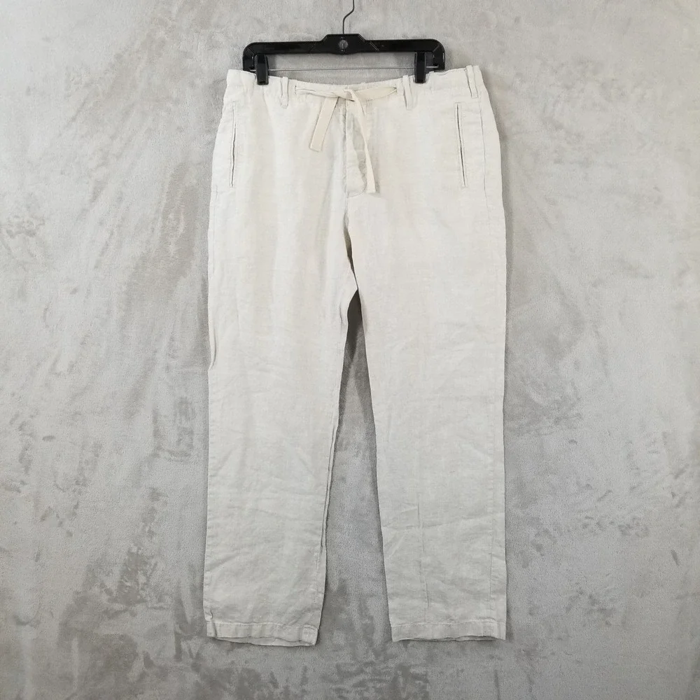 Perry Ellis Pants Mens 35 Beige‎ 100% Linen Drawstring Flat Front Casual Resort